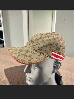 Gucci Monogram Beige Baseball Cap with Red Stripe